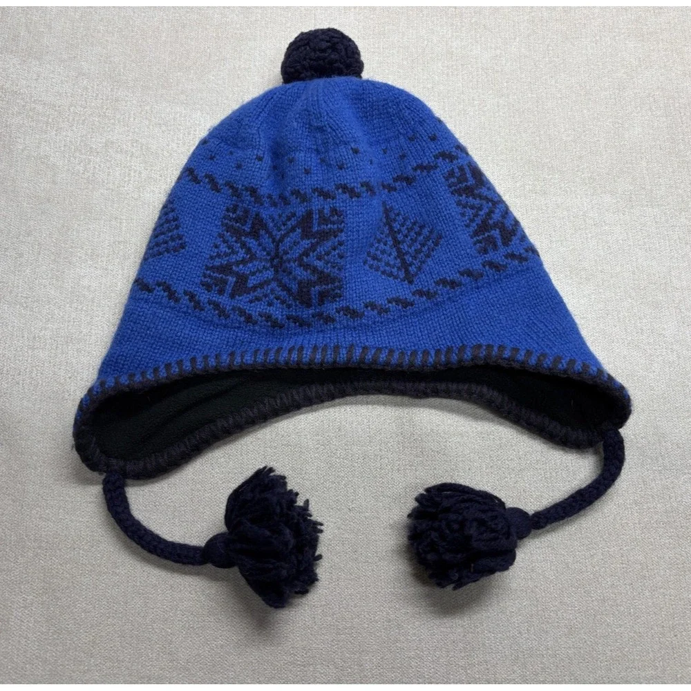 Patagonia Beanie Winter Hat Kids S Blue Wool Knit Ear Flap Fleece Lined Tassel